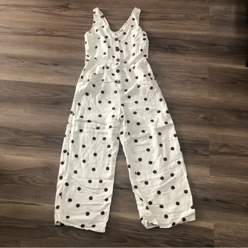 Monteau Lenin Blend Cream Brown Polkadot Jumpsuit Womem Size Xsmall
